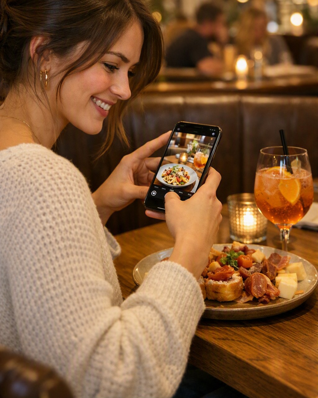 A customer photographing her meal to share on social media and earn Social Boost cashback